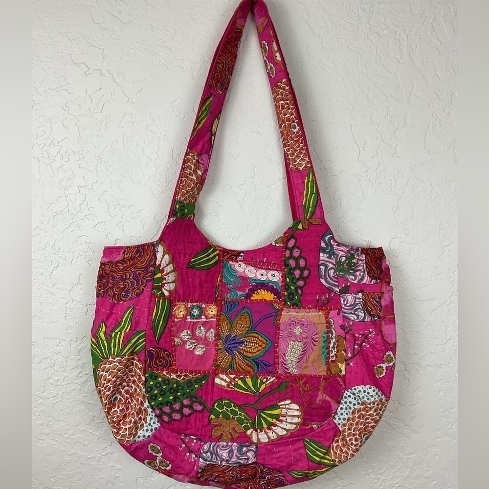 Hot Pink Rajasthani Style Shoulder Bag Zipper Closure Embroidered Patchwork Boho